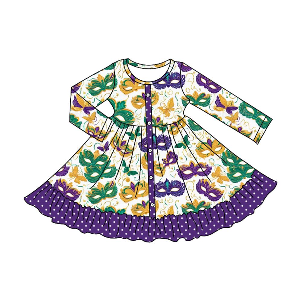 Baby Girls Mardi Gras Masks Button Ruffle Knee Length Dress Preorder