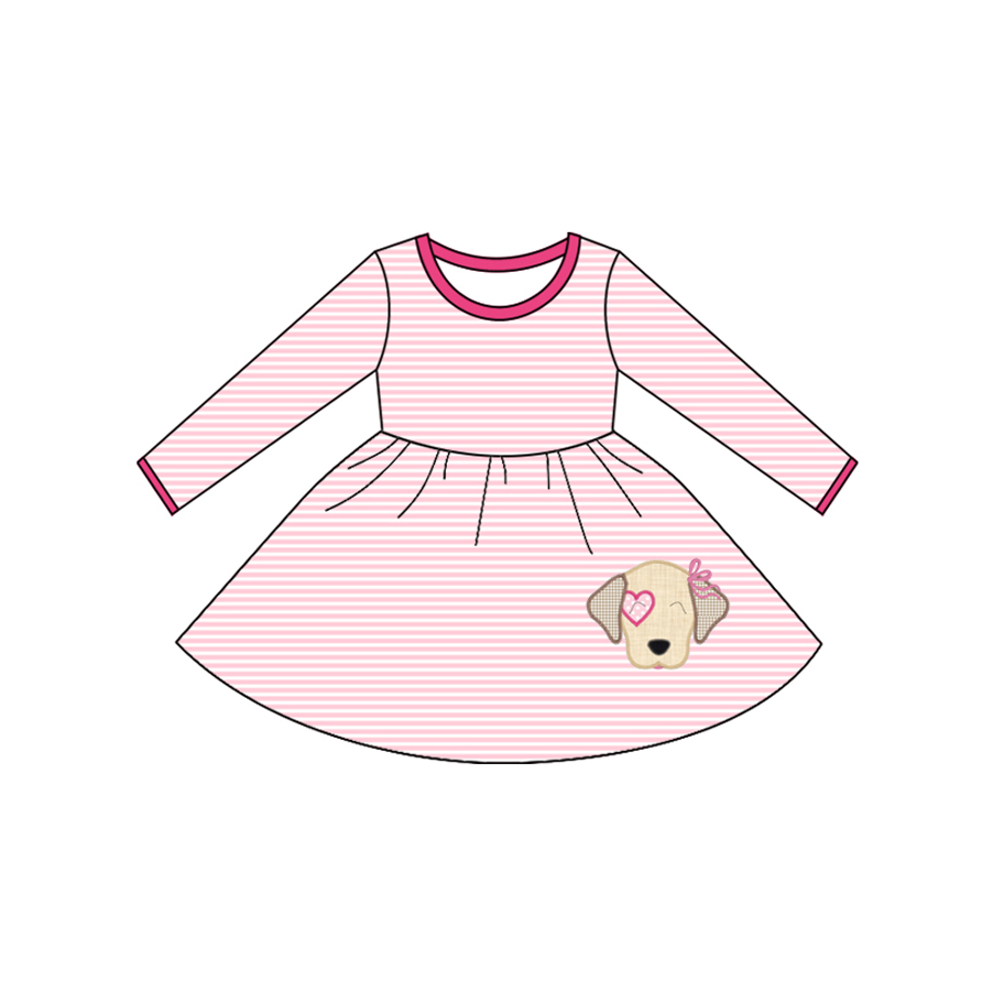 Baby Girls Pink Stripe Heart Dog Valentine Knee Length Dress Preorder