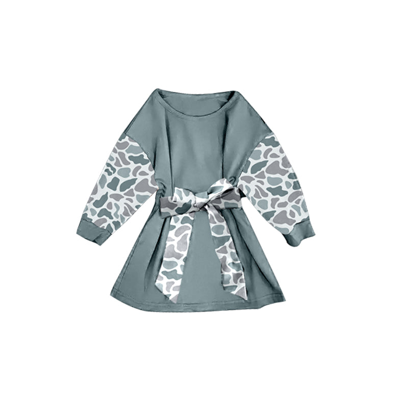 Baby Girls Grey Camo Long Sleeve Belt Western Knee Length Dresses Preorder