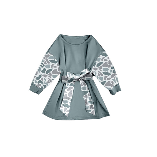 Baby Girls Grey Camo Long Sleeve Belt Western Knee Length Dresses Preorder