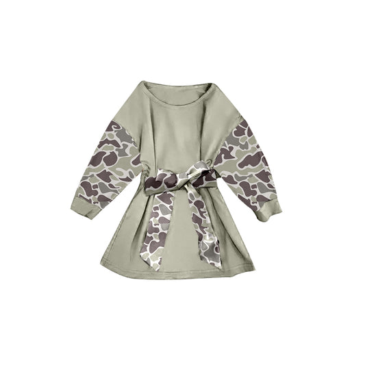 Baby Girls Khaki Camo Long Sleeve Belt Western Knee Length Dresses Preorder