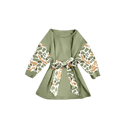 Baby Girls Green Camo Long Sleeve Belt Western Knee Length Dresses Preorder
