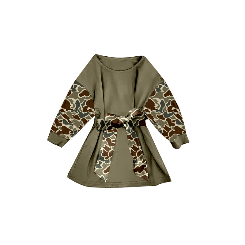 Baby Girls Olive Camo Long Sleeve Belt Western Knee Length Dresses Preorder