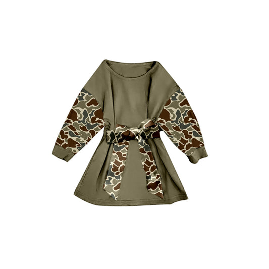 Baby Girls Olive Camo Long Sleeve Belt Western Knee Length Dresses Preorder