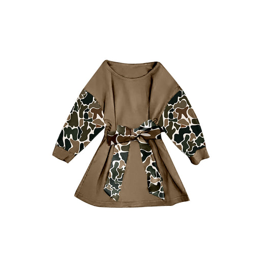 Baby Girls Brown Camo Long Sleeve Belt Western Knee Length Dresses Preorder