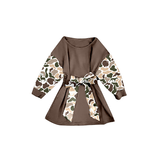 Baby Girls Deer Dogs Ducks Camo Long Sleeve Belt Western Knee Length Dresses Preorder
