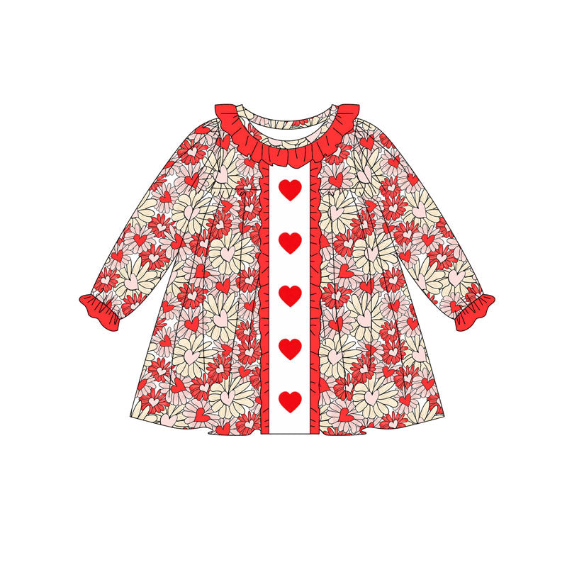 Baby Girls Red Hearts Flowers Valentine Ruffle Sleeves Knee Length Dresses