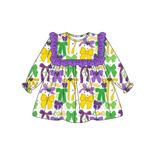 Baby Girls Purple Yellow Green Bows Mardi Gras Knee Length Dresses Preorder