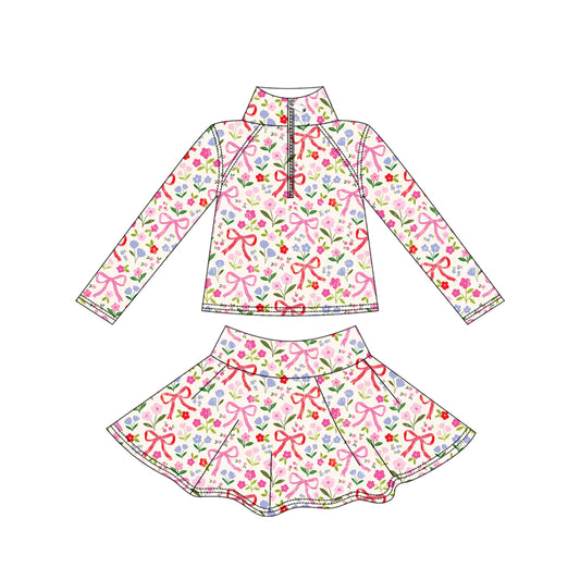 Baby Girls Red Pink Bows Flowers Yoga Zipper Pullovers Skorts Clothes Set Preorder