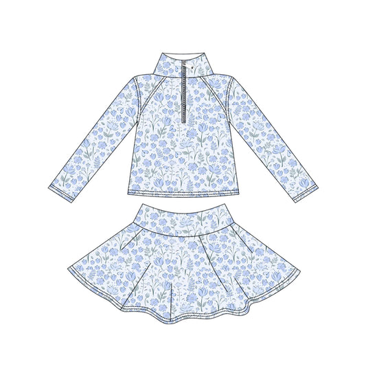 Baby Girls Blue Flowers Yoga Zipper Pullovers Skorts Clothes Set Preorder