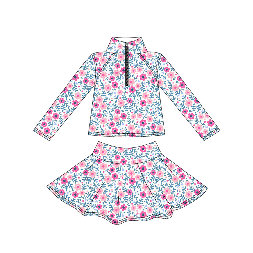 Baby Girls Pink Flowers Yoga Zipper Pullovers Skorts Clothes Set Preorder