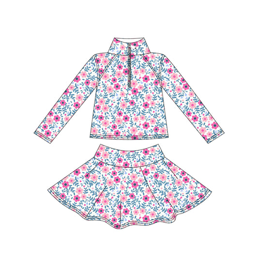 Baby Girls Pink Flowers Yoga Zipper Pullovers Skorts Clothes Set Preorder