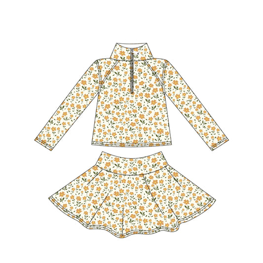Baby Girls Yellow Flowers Yoga Zipper Pullovers Skorts Clothes Set Preorder