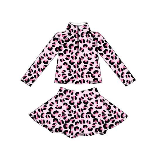 Baby Girls Pink Black Leopard Yoga Zipper Pullovers Skorts Clothes Set Preorder