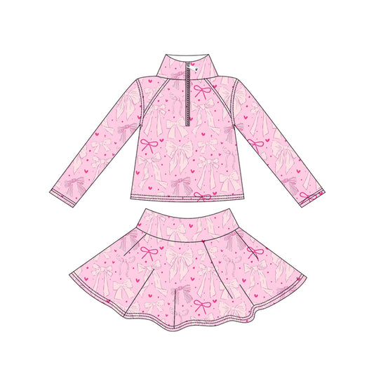 Baby Girls Pink Bows Hearts Yoga Zipper Pullovers Skorts Clothes Set Preorder