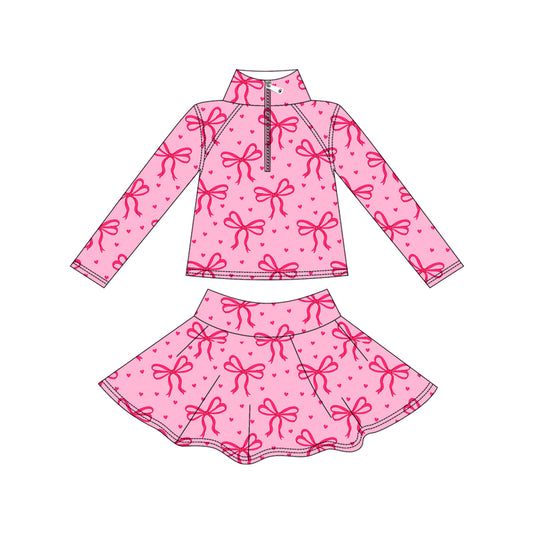 Baby Girls Hot Pink Bows Hearts Yoga Zipper Pullovers Skorts Clothes Set Preorder