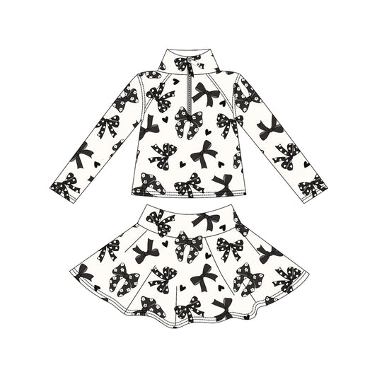 Baby Girls Black Bows Hearts Yoga Zipper Pullovers Skorts Clothes Set Preorder