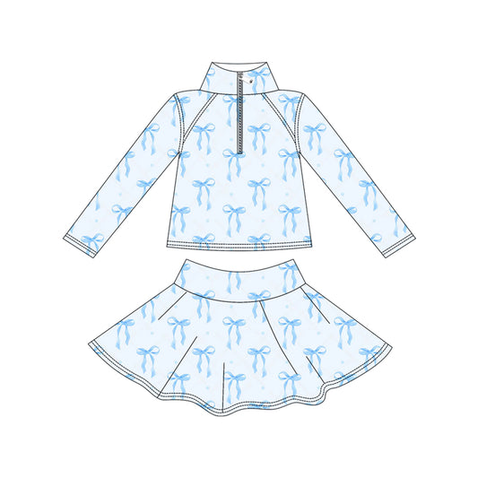 Baby Girls Blue Bows Hearts Yoga Zipper Pullovers Skorts Clothes Set Preorder