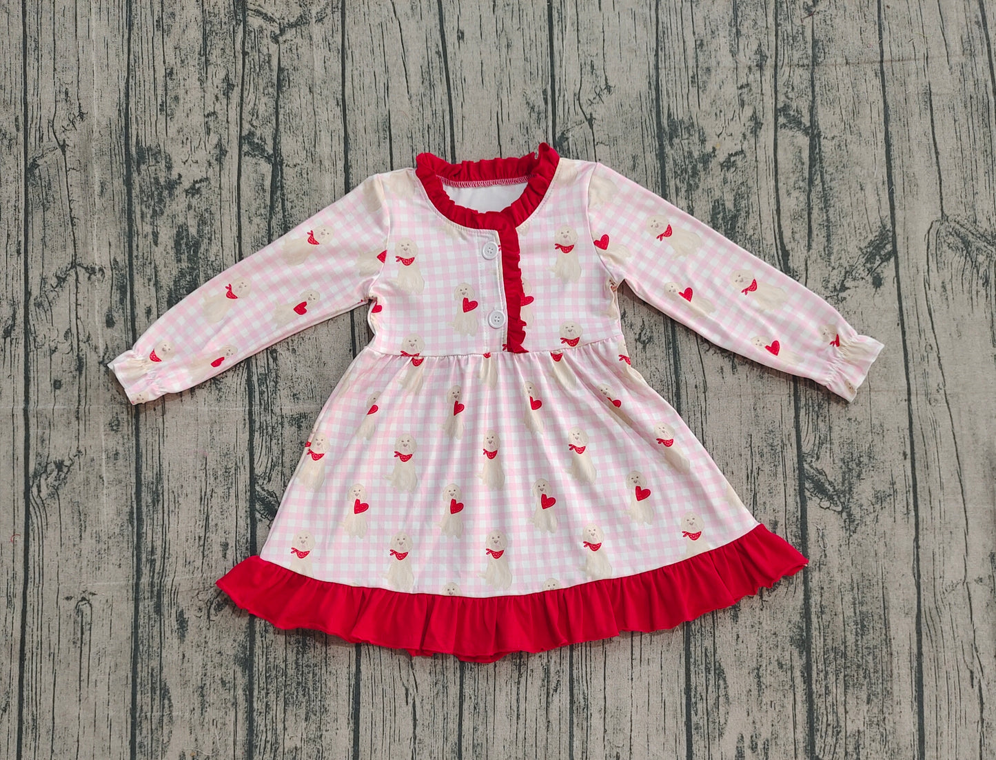 Baby Girls Pink Checked Dogs Hearts Button Ruffle Valentine Knee Length Dress
