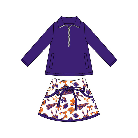 Baby Girls Pockets Pullover Orange Purple Footballs Bows Skorts Team Sets Preorder
