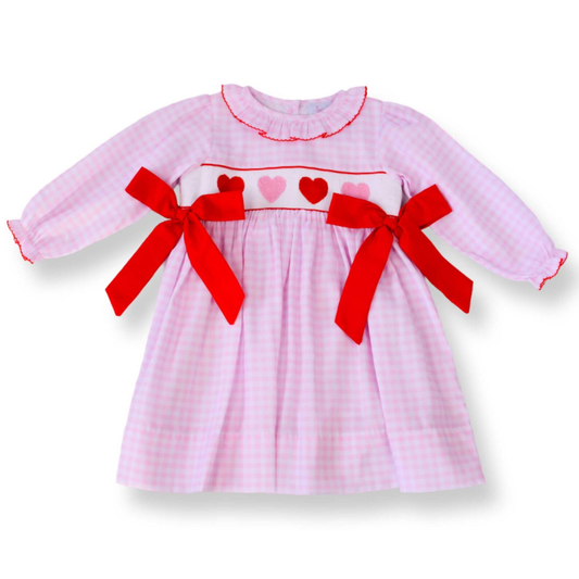 Baby Girls Pink Checked Hearts Bows Valentine Knee Length Dresses Preorder