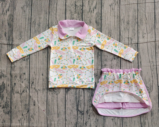 Baby Girls Donuts Masks Zipper Pullover Ruffle Skorts Mardigras Clothes Sets Preorder