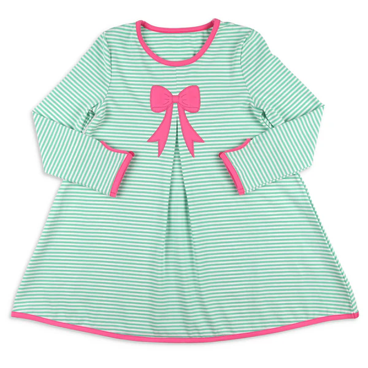 Baby Girls Aqua Stripes Bow Top Knee Length Dresses Preorder