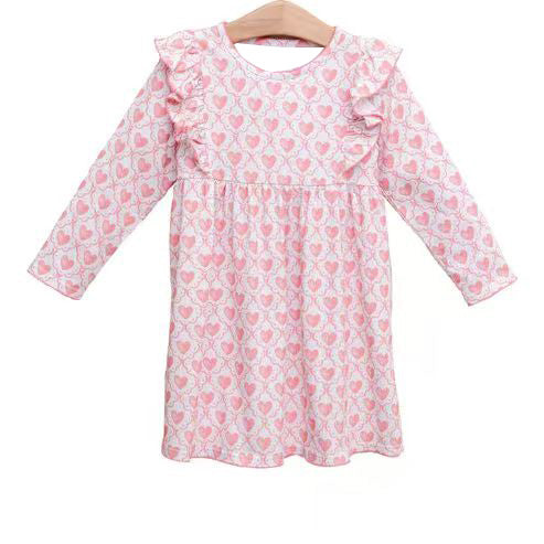 Baby Girls Pink Long Sleeve Hearts Checked Valentine Knee Length Dresses Preorder