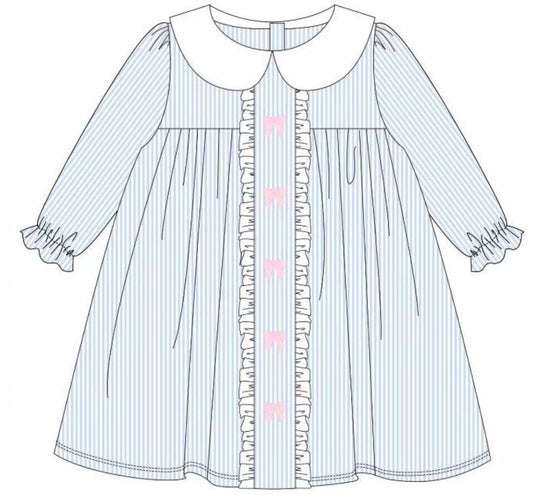Baby Girls Blue Stripe Bows Valentine Ruffle Knee Length Dresses Preorder