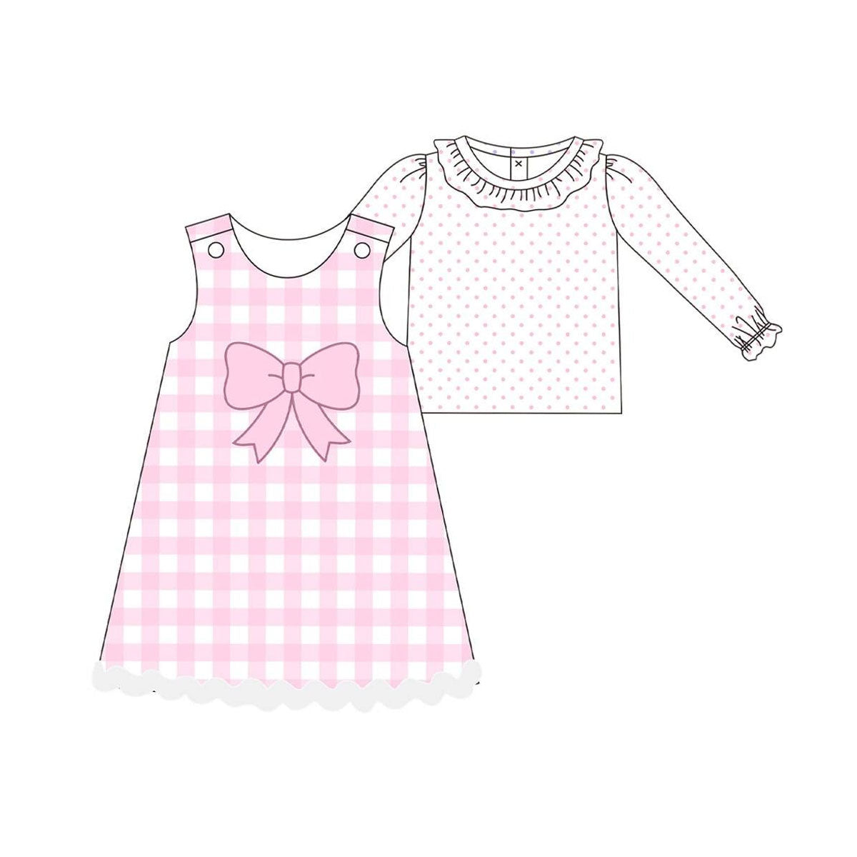 Baby Girls Pink Polka Dots Top Checked Knee Length Dress 2 Piece Clothes Sets Preorder