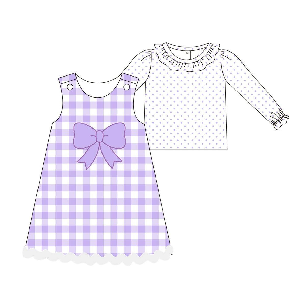 Baby Girls Purple Polka Dots Top Checked Knee Length Dress 2 Piece Clothes Sets Preorder
