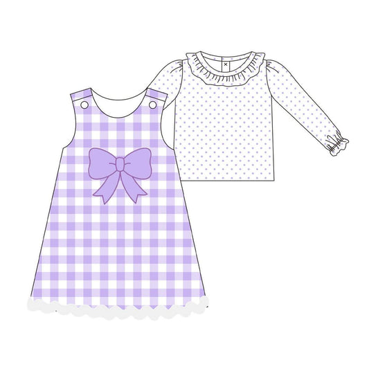 Baby Girls Purple Polka Dots Top Checked Knee Length Dress 2 Piece Clothes Sets Preorder