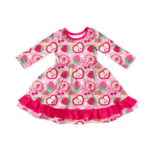 Baby Girls Pink Bows Strawberry Flowers Ruffle Knee Length Dresses Preorder