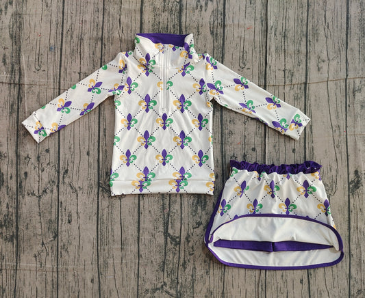 Baby Girls Mardigras Anchors Zipper Pullovers Skirt Shorts Yoga Clothes Set Preorder