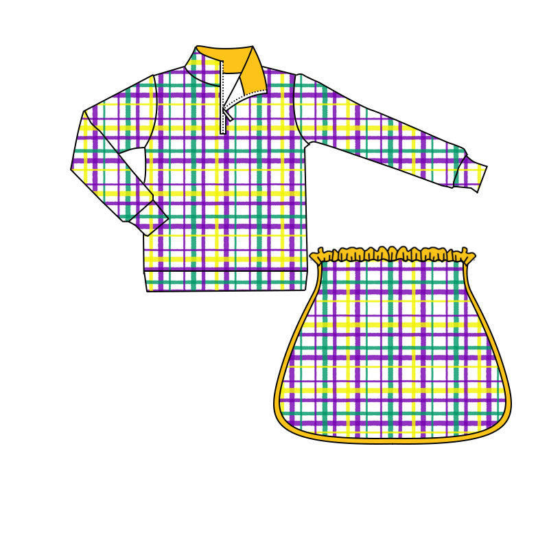 Baby Girls Mardigras Checked Zipper Pullovers Skirt Shorts Yoga Clothes Set Preorder