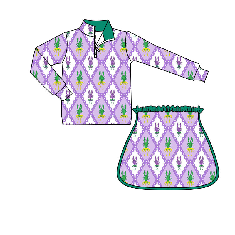 Baby Girls Mardigras Crayfishes Checked Zipper Pullovers Skirt Shorts Yoga Clothes Set Preorder