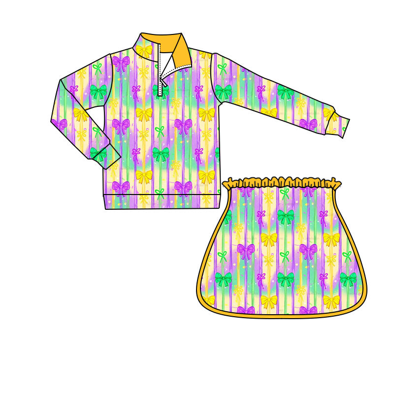 Baby Girls Mardigras Bows Stripe Zipper Pullovers Skirt Shorts Yoga Clothes Set Preorder