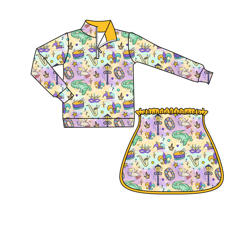 Baby Girls Mardigras Anchors Crocodiles Zipper Pullovers Skirt Shorts Yoga Clothes Set Preorder