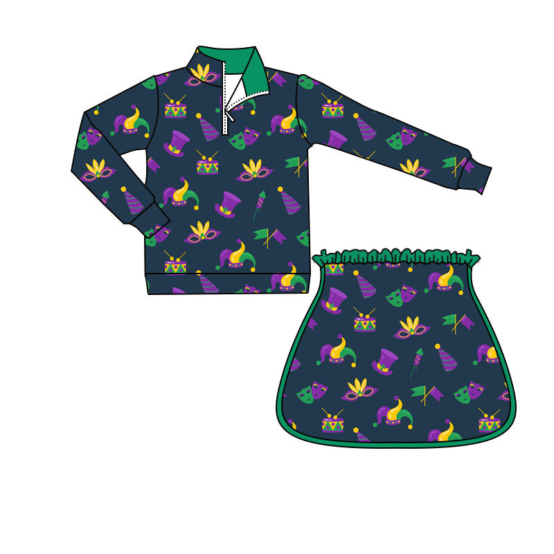 Baby Girls Mardigras Anchors Masks Zipper Pullovers Skirt Shorts Yoga Clothes Set Preorder