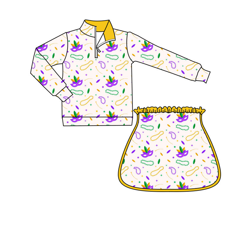 Baby Girls Mardigras Anchors Masks Zipper Pullovers Skirt Shorts Yoga Clothes Set Preorder