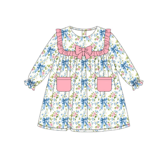 Baby Girls Bows Floral Pockets Knee Length Dresses Preorder