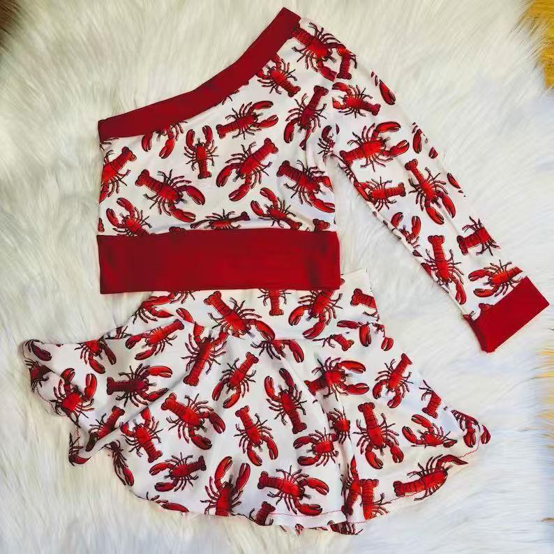 Baby Girls One Shoulder Red Crayfishes Top Skirt Shorts Bottom Clothes Set Preorder