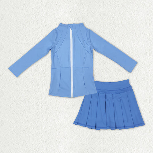 Baby Girls Blue Zipper Pockets Jackets Skirt Shorts Yoga Active Clothes Sets