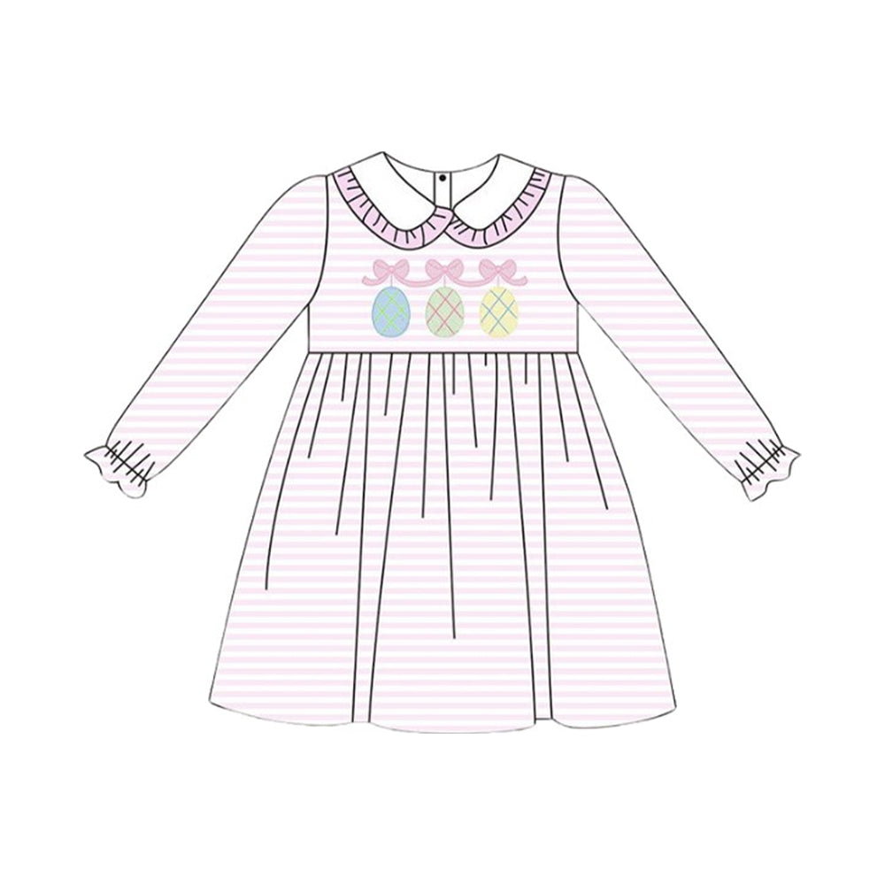 Baby Girls Pink Stripe Bows Eggs Collar Easter Knee Length Dresses Preorder