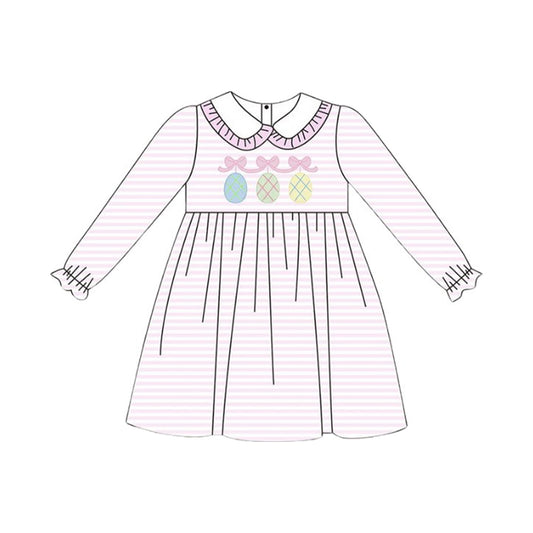 Baby Girls Pink Stripe Bows Eggs Collar Easter Knee Length Dresses Preorder
