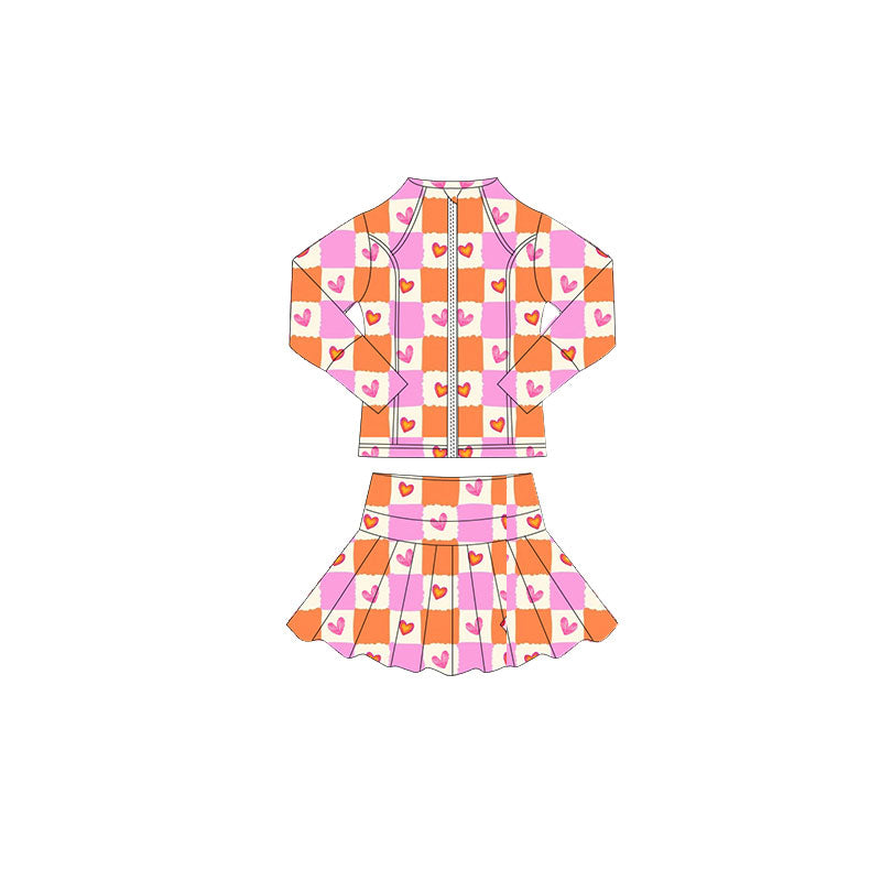 Baby Girls Pink Orange Hearts Checked Zipper Jacket Skorts Valentine Yoga Clothes Sets Preorder