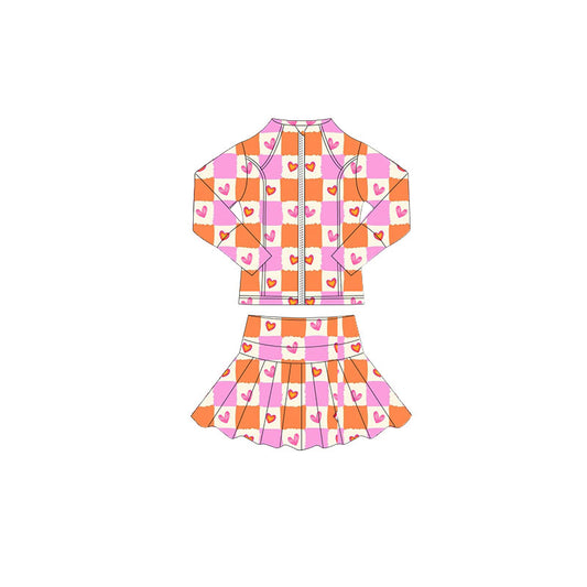 Baby Girls Pink Orange Hearts Checked Zipper Jacket Skorts Valentine Yoga Clothes Sets Preorder