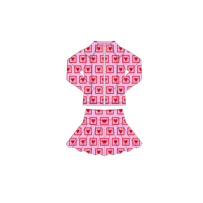Baby Girls Pink Floral Hearst Checked Zipper Jacket Skorts Valentine Yoga Clothes Sets Preorder