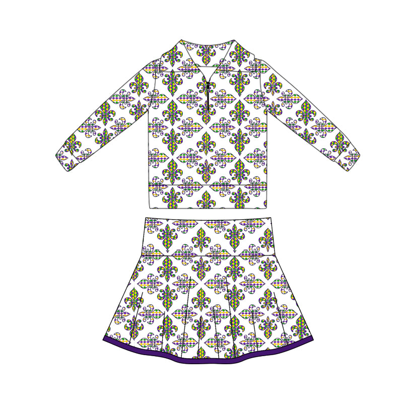 Baby Girls Mardigras Anchors Plaid Zipper Pullovers Skorts Yoga Clothes Sets Preorder