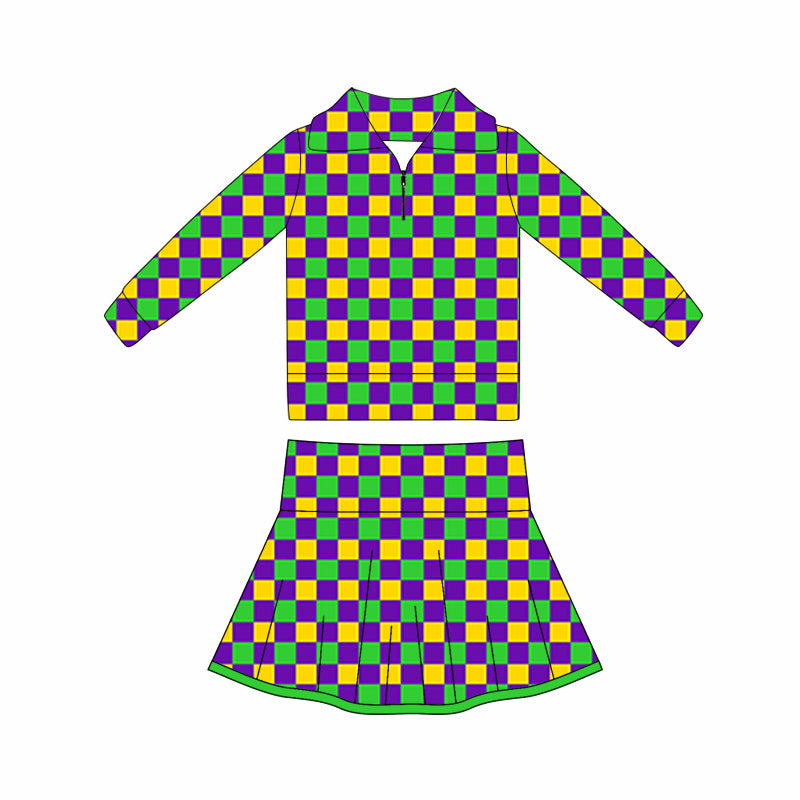 Baby Girls Mardigras Checked Zipper Pullovers Skorts Yoga Clothes Sets Preorder